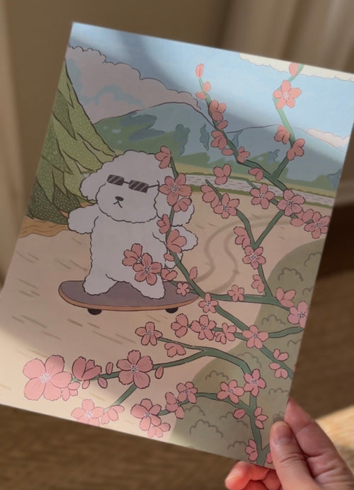 Skateboarding Dog and Cherry Blossom Wall Art