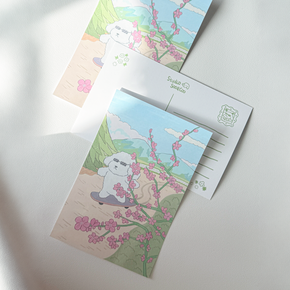 Skateboarding Dog Postcard - Protective laminate coating on the front