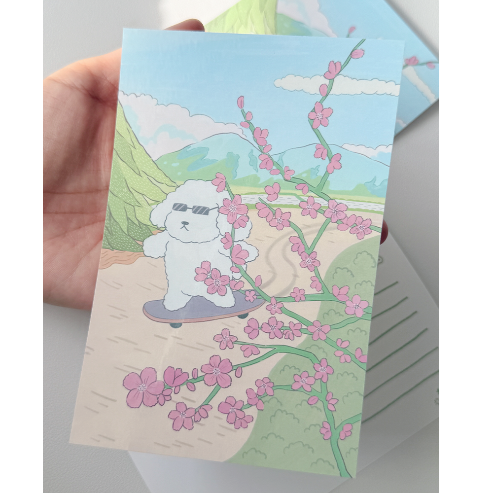 Skateboarding Dog Postcard - Protective laminate coating on the front